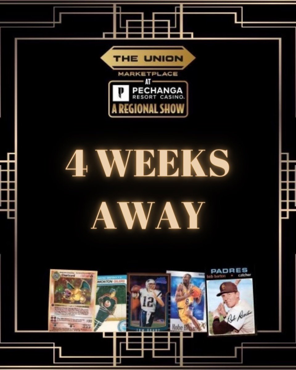 TheUnionMarket1's tweet image. ⏳4 Weeks Out until The Union Marketplace Regionals card show at Pechanga Resort and Casino. For more info, please visit:
➡️ Theunionmarketplace.com
#CardShows #TradingCards #FunEvents