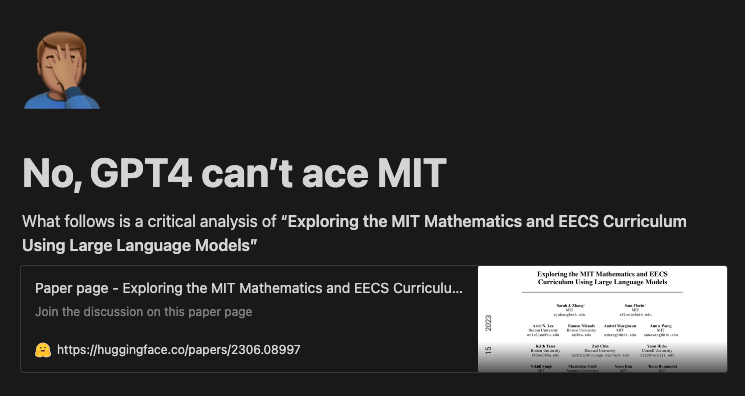 A few undergrads debunk a paper published by PhDs that GPT4 aced MIT's engineering curriculum.

Love MIT undergrads holding researchers accountable.