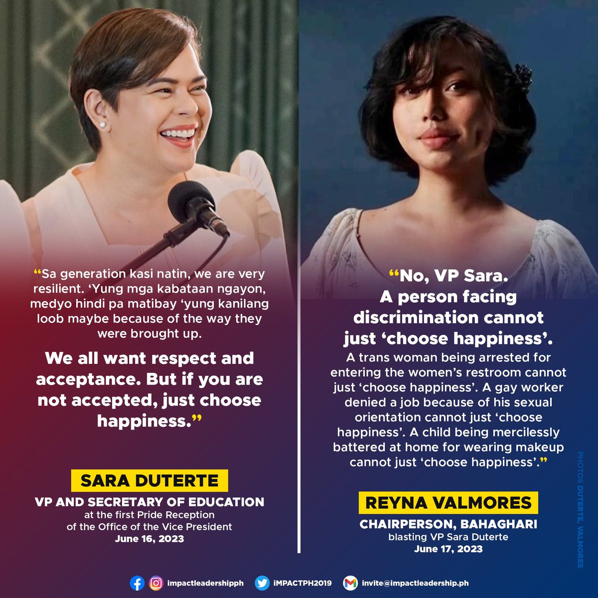 'A PERSON FACING DISCRIMINATION CANNOT JUST CHOOSE HAPPINESS'

Bahaghari Chairperson Reyna Valmores blasts Sara Duterte, who recently hosted a Pride Reception at the OVP, where she said, 'if you are not accepted, just choose happiness'. #SOGIEEqualityNow

m.facebook.com/story.php?stor…