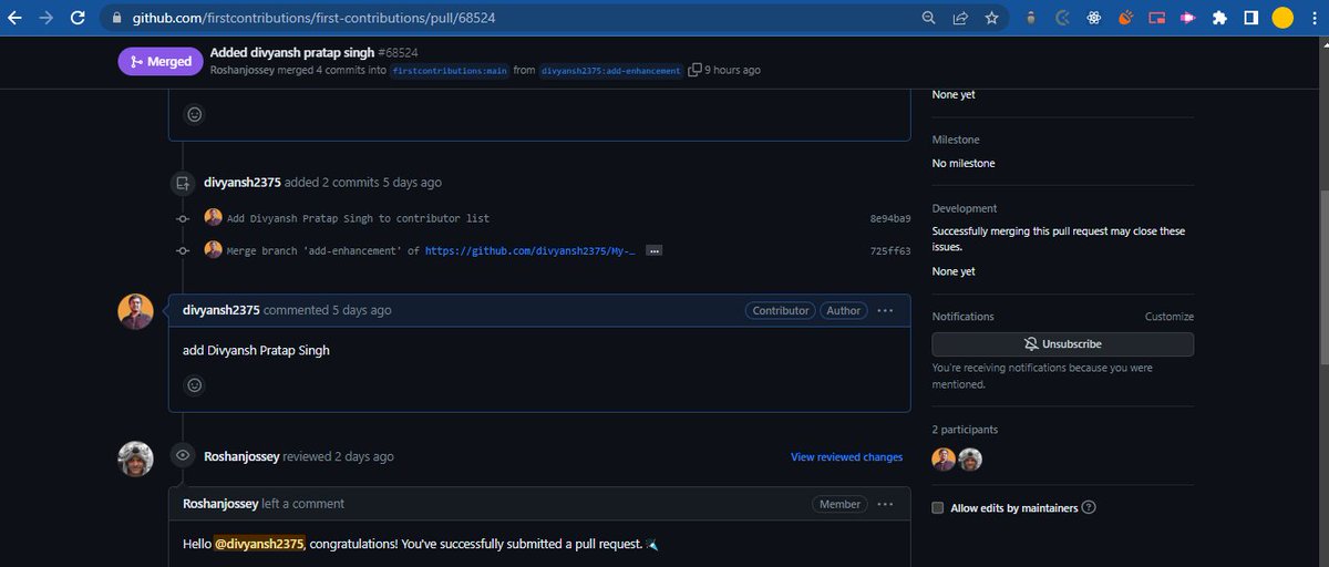coder_divyansh's tweet image. D-13 of #100DaysOfCode
Finally First PR(Pull request) merged on github.
#github
#opensourcecontribution