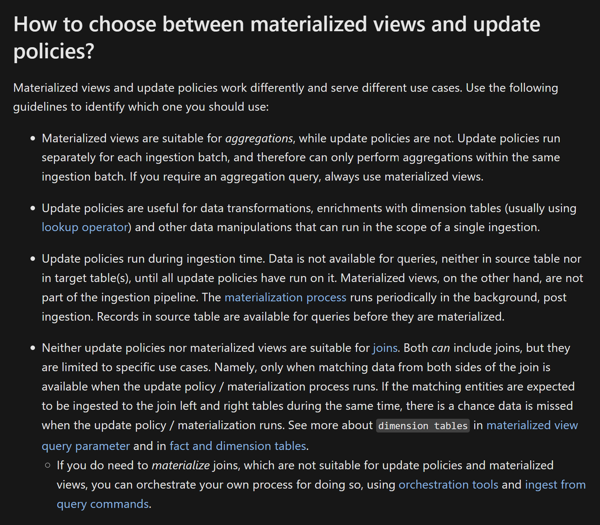 kustonaut's tweet image. @AzDataExplorer: How to choose b/w #materializedviews &amp;amp; #updatepolicies?

#365daysofADX Day170

In this article, we explain the main differences and use cases b/w mv and update policies: learn.microsoft.com/en-us/azure/da…

#ADX #AzureDataExplorer #RealTimeAnalytics #KQL #Kusto #Azure #Data