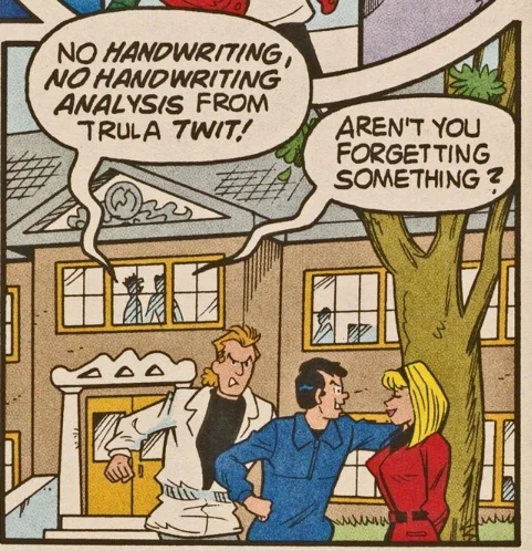 i think my favorite thing about archie comics are the panels that have visuals that have absolutely nothing to do with the main plot whatsoever  like they didn't need to put in a dog sticking his tongue out but they did anyway and i love it