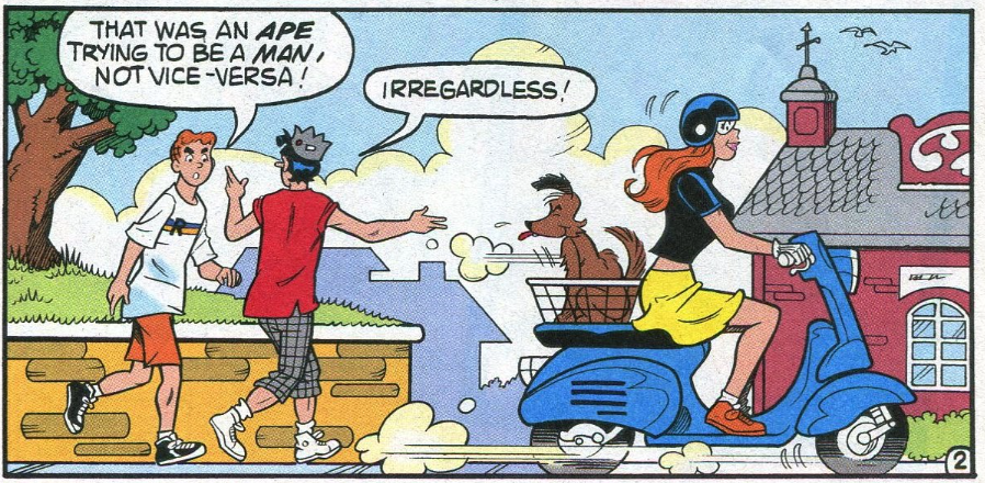 i think my favorite thing about archie comics are the panels that have visuals that have absolutely nothing to do with the main plot whatsoever like they didn't need to put in a dog sticking his tongue out but they did anyway and i love it