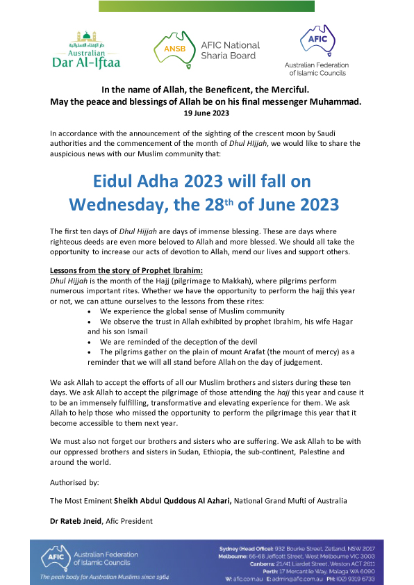 AFICAustralia's tweet photo. Eidul Adha Announcement 2023 https://t.co/2lUlYrwI1r