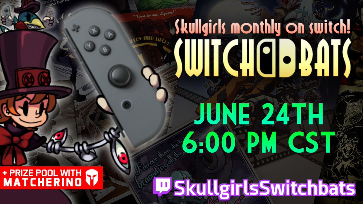 PowerWithin_Yea's tweet photo. Things are happening in the #Skullgirls Switch Server!
Link: https://t.co/dq0ZfVgsfj
#Switchbats is THIS SATURDAY, June 24th at 6 pm Central! And will be streamed at OUR VERY OWN TWITCH CHANNEL!!
Challonge link: https://t.co/gzCMAdzOl1
Pull up at https://t.co/bn5SOEQiYW https://t.co/UA7a44Ag0b