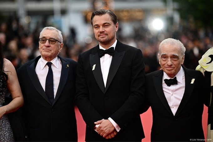 Leonardo DiCaprio, Martin Scorsese and Robert De Niro pose together at the #KillersOfTheFlowerMoon premiere at Cannes Film Festival.