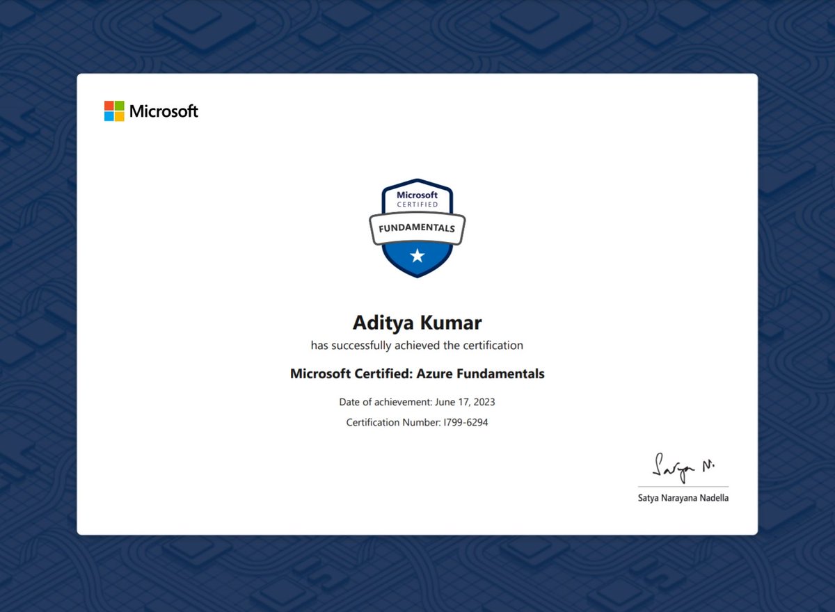 advish10's tweet image. Delighted to share that I&apos;ve achieved the AZ-900 certification, validating my foundational knowledge of Microsoft Azure. 

Ready to empower businesses with Azure&apos;s transformative capabilities! #AZ900 #MicrosoftCertifications #msftstudentambassadors #mlsa #ai #ChatGPT #gpt #github
