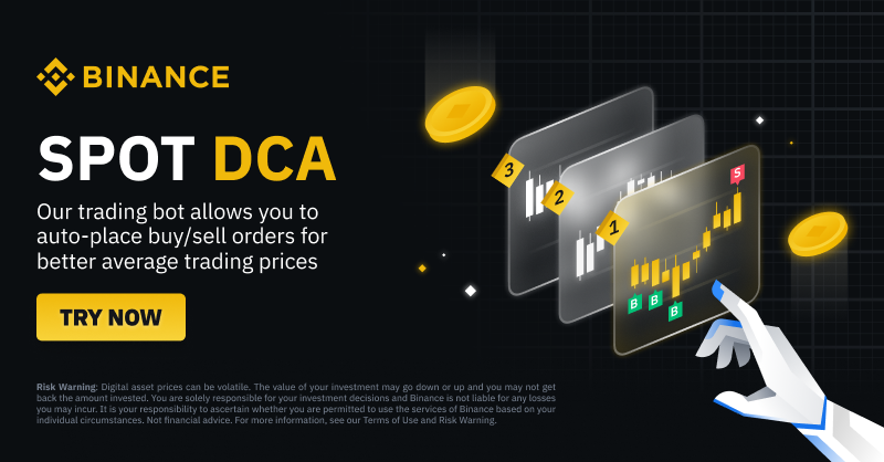 binance's tweet photo. #Binance launches Spot DCA. 

This new dollar-cost averaging strategy allows users to automatically buy or sell a fixed amount of assets at a designated price deviation and desired frequency.

Find out more 👇