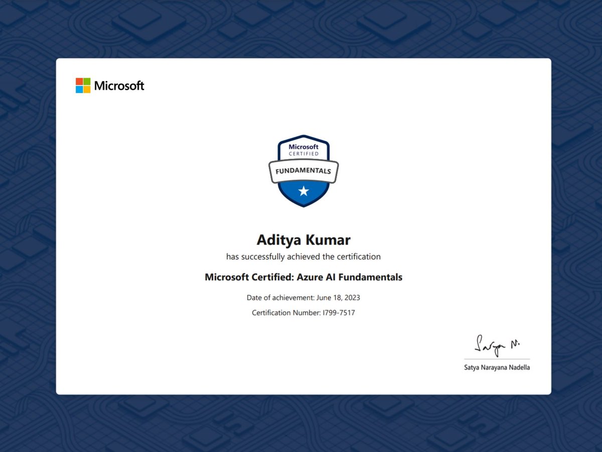 advish10's tweet image. Thrilled to share that I&apos;ve successfully passed the AI-900: Microsoft Azure AI Fundamentals exam and earned the certification! 
Ready to leverage AI to drive innovation and unlock new possibilities! #AI900 #MicrosoftCertifications #msftstudentambassador #mlsa #microsoft #ChatGPT
