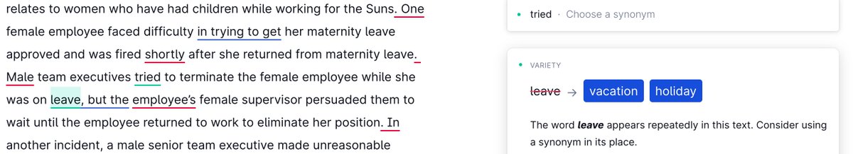 legalwritingpro's tweet photo. Oh Grammarly! Probably not a good idea to suggest changing "maternity leave" to "maternity vacation" or "maternity holiday." 

Sometimes you need to leave "leave" alone.

#BriefCatch #legaltech https://t.co/xF6bTL8JLv