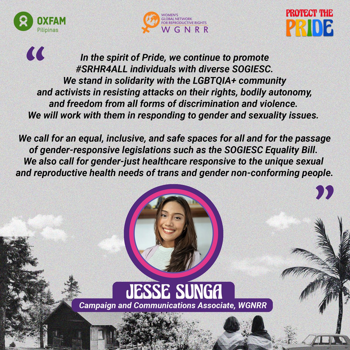 🌈🤍 Sexual and reproductive health and rights (SRHR) for all towards a more equal future
Together with @WGNRR, we call for equality and safety for the LGBTQIA+ community. 

#EqualitySaLahat
#ProtectThePride
#SRHR4ALL