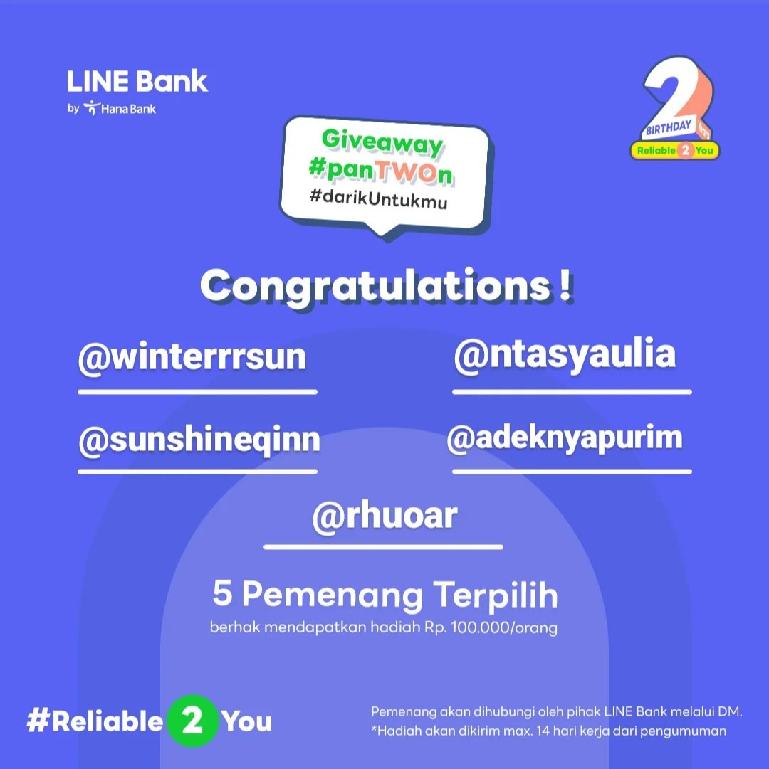 linebankid's tweet photo. Pohon pisang daunnya lentik
Bisa dijadikan pupuk di sawah
Ehh Sobat LINE Bank yang ganteng & cantik
Siap-siap nih mimin bawa kabar bahagiaaah
Selamat kepada para pemenang yaaa.. stay kewl dan pantengin terus sosmed kita yes!
#Reliable2You https://t.co/Y5UN2yY4nz