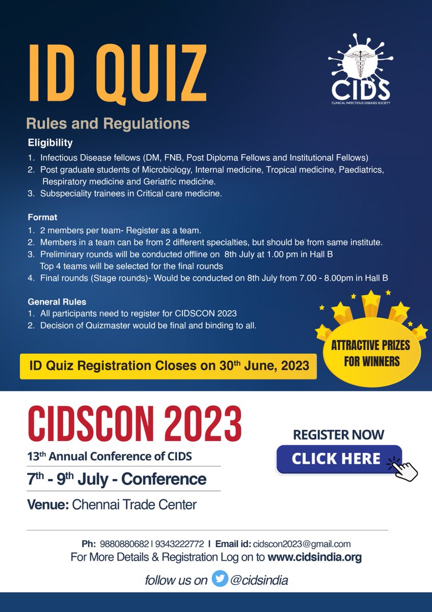CidsIndia's tweet photo. For registration :- https://t.co/HQoJbAia9s
#cidscon #infectiousdiseases https://t.co/otaWBtu2Fv