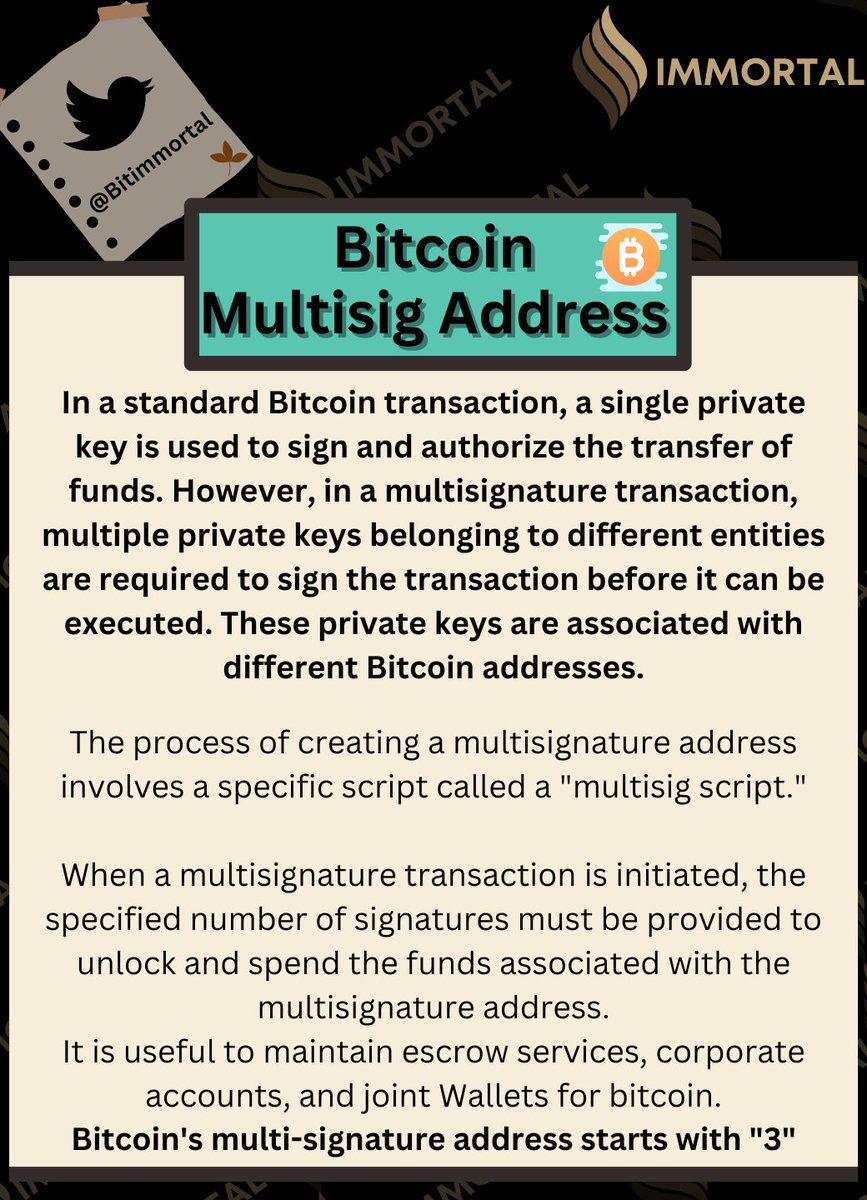 BitImmortal's tweet image. Multisignature is a feature that enhances the security and control of funds by requiring multiple signatures to authorize a transaction. This can protect funds against theft or unauthorized access by requiring multiple parties approval for transactions.

#CryptoNews #CryptoUpdate