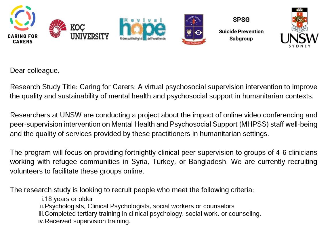 Caring For Carers (MHPSS supervision) (@c4c_mhpss) on Twitter photo 📢We are recruiting new international supervisors for our program!
If you are interested in cross-cultural clinical supervision, please send an email to us, g.kurt@unsw.edu.au to learn more about the requirements.
elrha.org/project/caring… 📢We are recruiting new international supervisors for our program!
If you are interested in cross-cultural clinical supervision, please send an email to us, g.kurt@unsw.edu.au to learn more about the requirements.
elrha.org/project/caring…