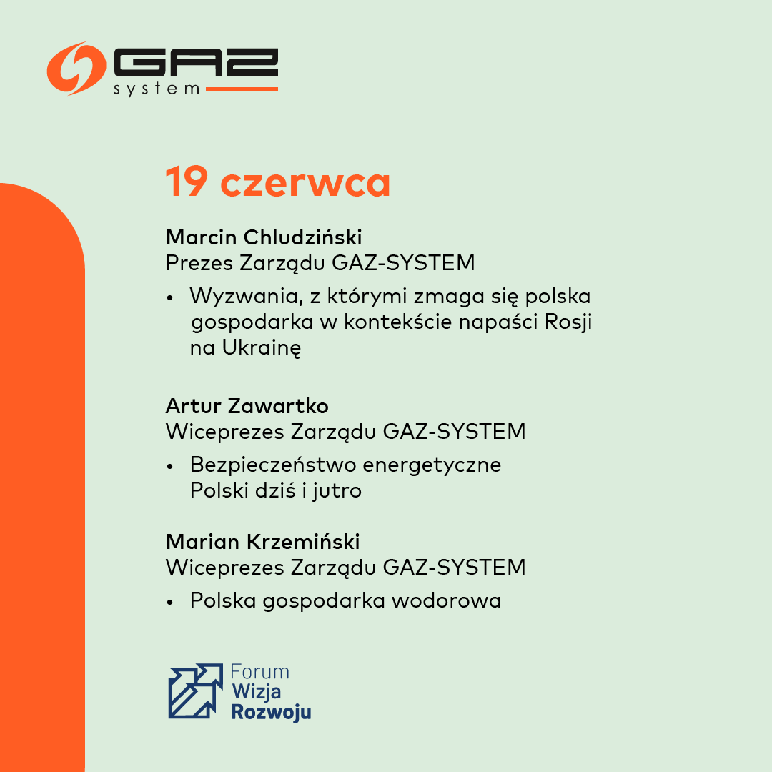 GAZ_SYSTEM's tweet photo. Dziś rozpoczyna się Forum @WizjaRozwoju, którego #GAZSYSTEM jest partnerem głównym. W sesji inauguracyjnej weźmie udział  Prezes @ChludzinskiM. W panelach uczestniczą także wiceprezesi: @kensbok, #Krzemiński i #Zawartko. Zapraszamy do śledzenia transmisji live z wydarzenia. https://t.co/LofGPVU14i