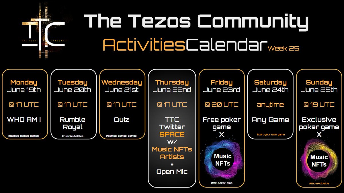 GM #tezoscommunity👋

Welcome to #TTC #MusicNFTs Week 🎵

Join our Activities & #giveawys to win #nfts from the talented guests will have at TTC Spaces next Thursday:
@YinYangYoeshi @the1hashbrown @chopshopmusicgr @Jundaboom & @ErvinJxy @SPP_SportsPICKS & ➕

#StrongerTogether