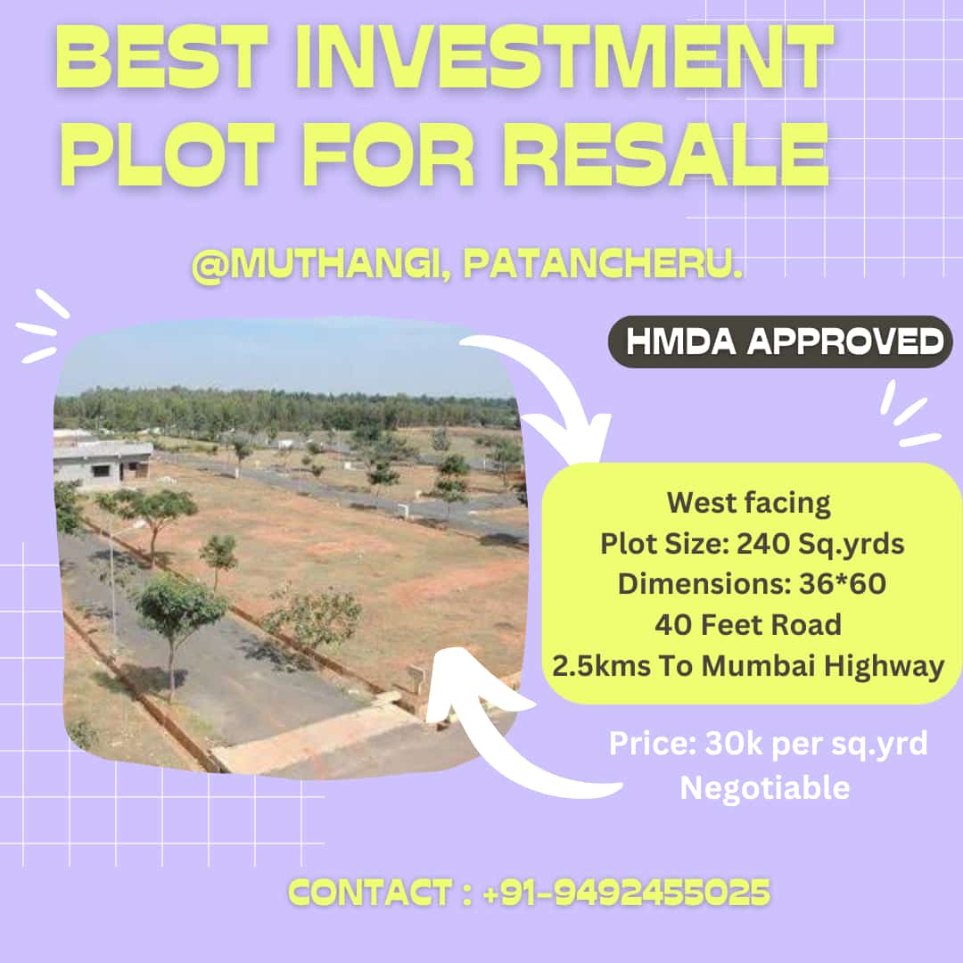 luckyrealties58's tweet image. Best Investment plot for sale in Muthangi, Patancheru, Hyderabad.
#hmdaapproved
#hmdaplots
#plots
#investmentonproperty
#investment 
#properties 
#plotsforsale