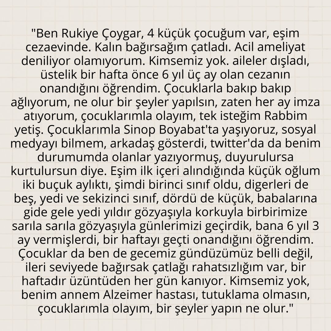 masumlaravuslat's tweet photo. Bu sese kulak verin lütfen..

"4 küçük çocuğum var, eşim cezaevinde. Kalın bağırsağım çatladı. Acil ameliyat deniliyor olamıyorum. Kimsemiz yok. Üstelik bir hafta önce 6 yıl üç ay cezamın onandığını öğrendim. Tutuklama olmasın, bir şeyler yapın ne olur." @MSTanrikulu 

#Pazartesi https://t.co/57czlwqEPe