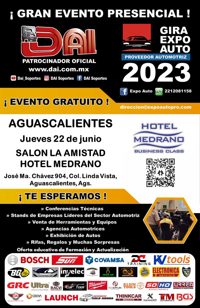 ARR70's tweet photo. Gira Expo Auto 2023 en el Hotel Medrado de Aguascalientes
Jueves 22 de junio
Conferencias Técnicas
Stands de empresas participantes
Venta de herramientas y equipos de diagnóstico
Rifas, regalos y muchas sorpresas más
Realizando tu registro
https://t.co/FEUM7GNRXx
#ExpoAuto #DAI https://t.co/NW9lTdf1G4