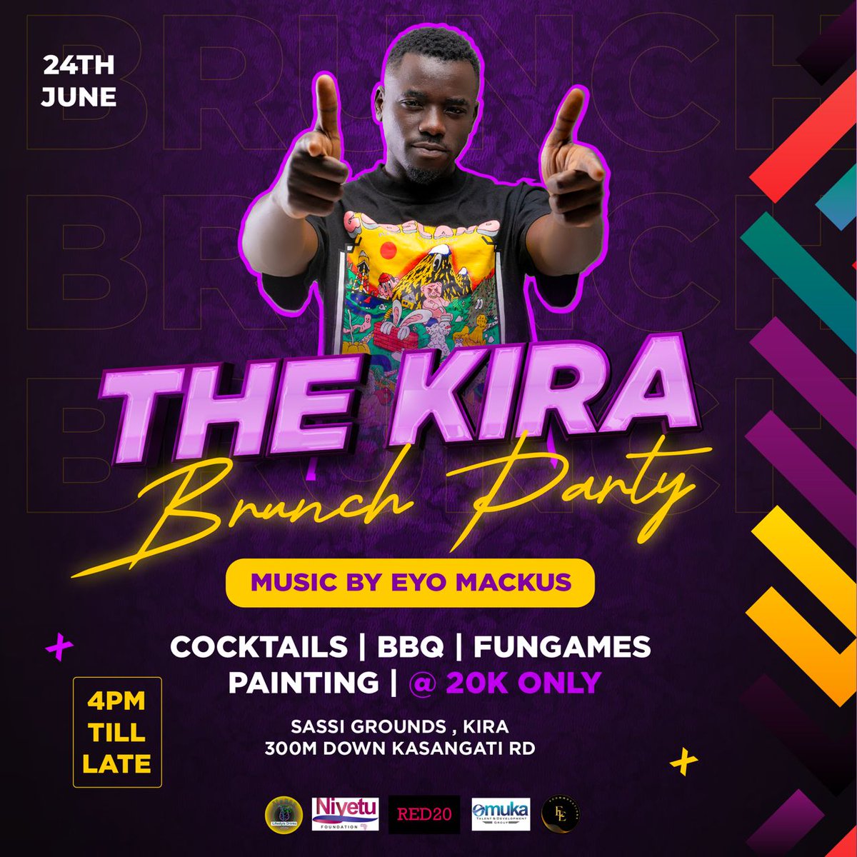 24th of June all roads lead to Sassi grounds in Kiira for our second edition of the Kiira brunch. We shall have Live band, karaoke, painting, board games, quiz, barbeque and cocktails from the best mixologist in the city. Come network, relax, rewind and reset. 🥂🍹🥃🍺
