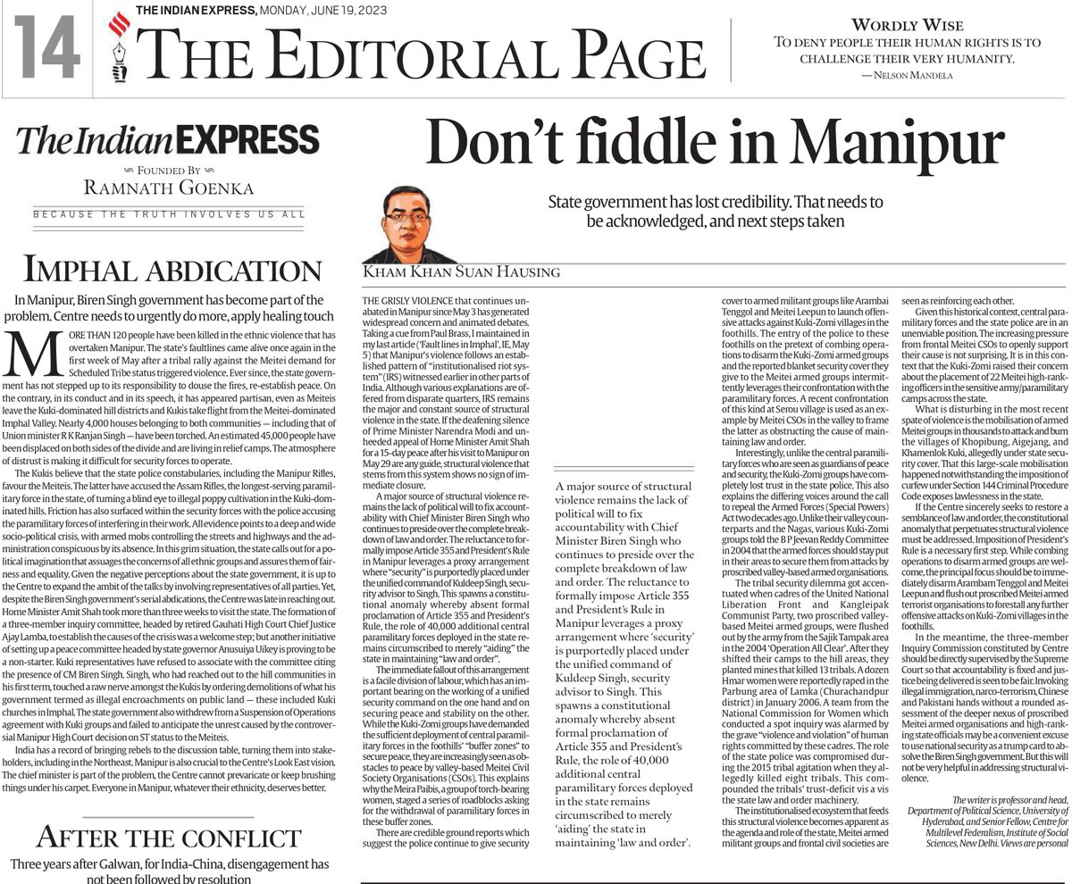 In @IndianExpress , I made a case for addressing the major source of structural violence which perpetuates #ManipurViolence. The full onus is now on Delhi to muster the political will to dismiss Biren Singh's incompetent govt & initiate political solution to end the violence asap