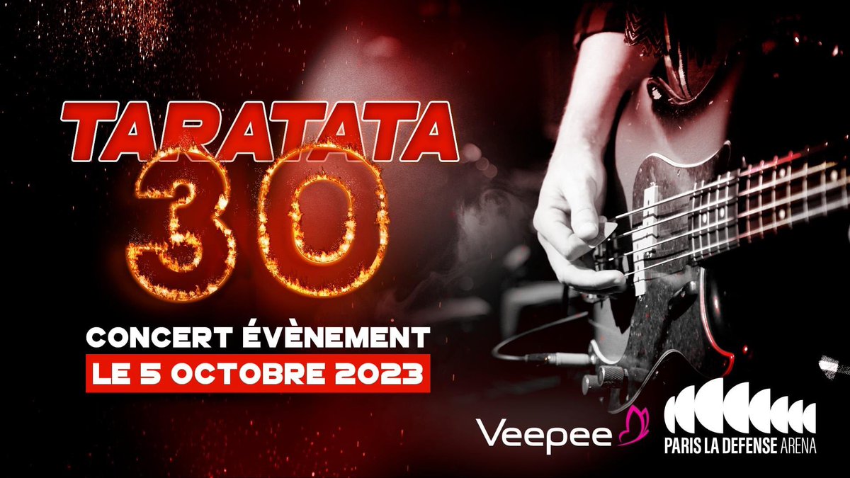 #Taratata30ans, le jeudi 5 octobre 2023 à @ParisLaDefArena 

Les places sont désormais disponibles sur le site de Veepee.

veepee.fr 

Venez fêter les 30 ans de Taratata à Paris La Défense Arena 
le jeudi 5 octobre 2023 à 20h00.