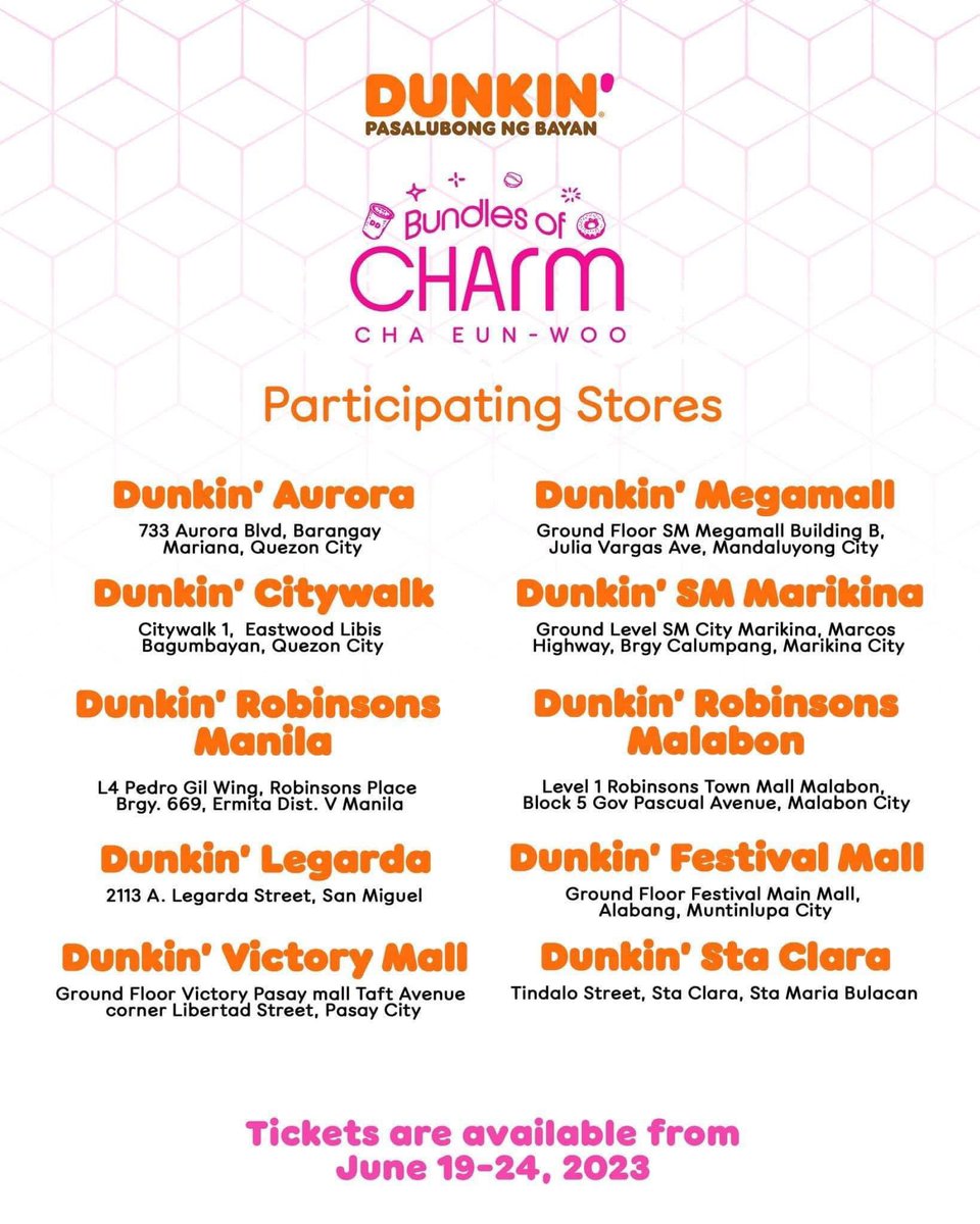 Today is D-DAY: Buy any #DunkinPHBundlesofCHArm from June 19 to 24 at select Dunkin’ stores and see CHA EUN WOO live at the Araneta Coliseum on July 2!

#ChaEunWooDunkinPH @dunkinph