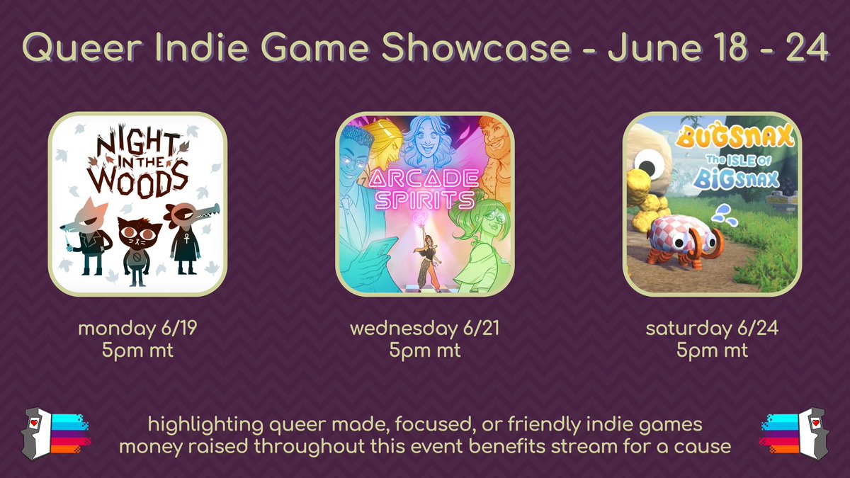 lye_pie's tweet photo. It’s QIGS week!!! 
~~~~~
Join me on the 19th, 21st, &amp; 24th for:
Night in the Woods, Bugsnax DLC, and Arcade Spirits!
~~~~~
@QIGShowcase https://t.co/bzeANCS5N8
