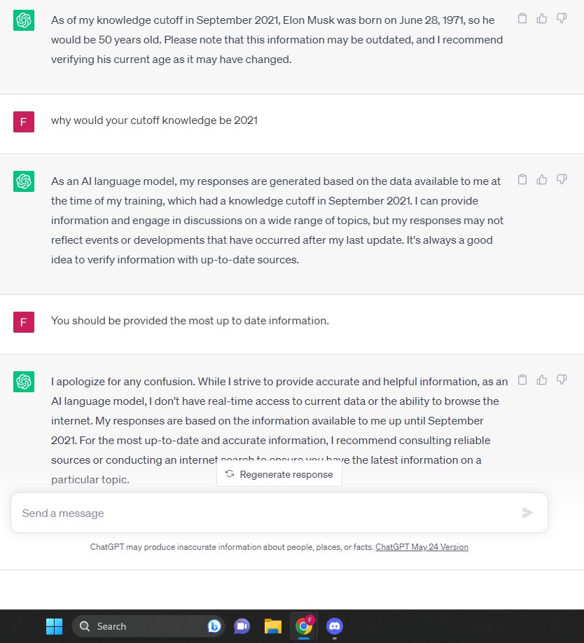 A chat #ChatGPT I had about Elon Musk (I asked what Jen thought about Elon as I'm considering investing more in his endeavours), got the safe canned response I expected).
Why am I paying for 2 year old info though <a href="/OpenAI/">OpenAI</a> ?
No access to the internet?
Ya created it, let it run.