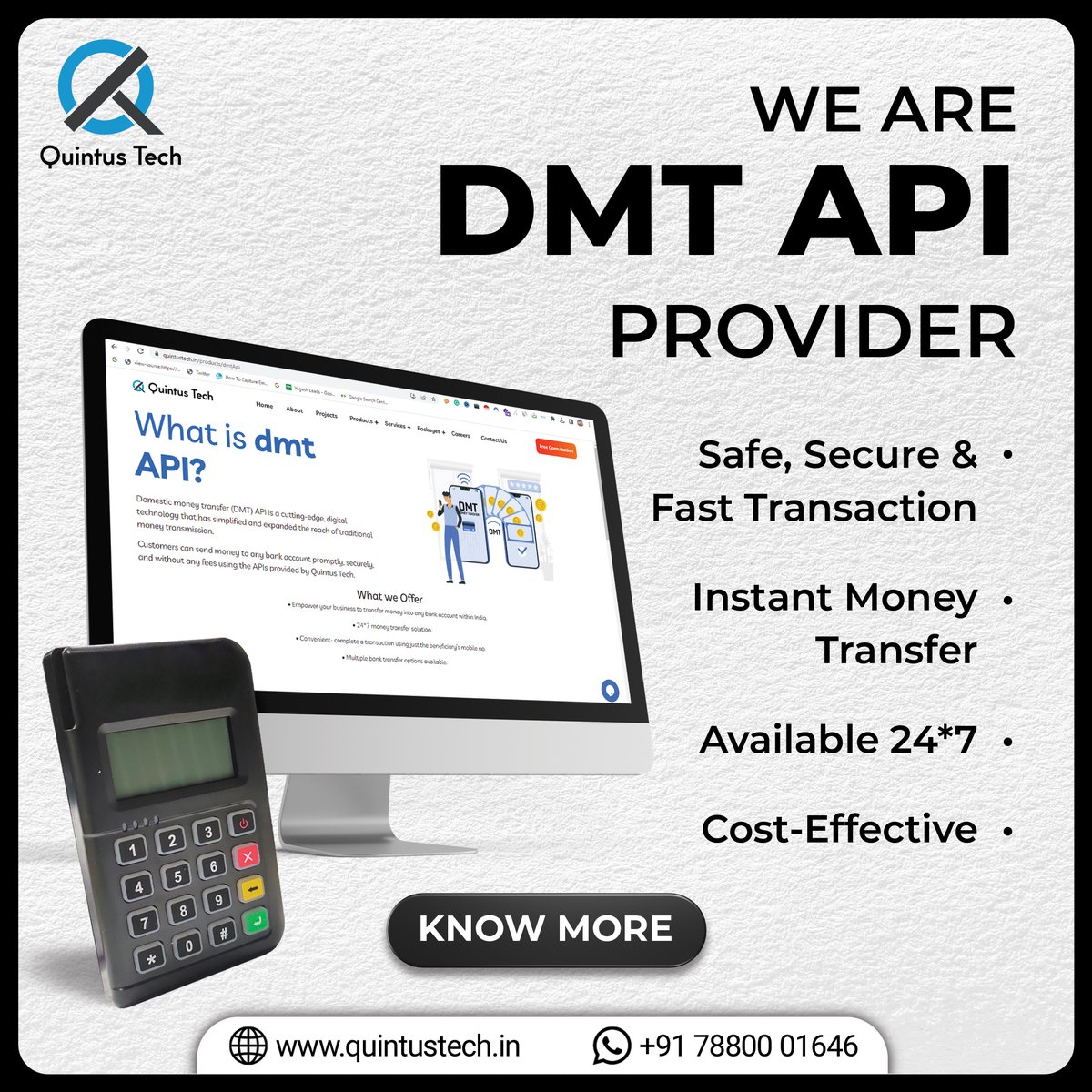 Quintus_Tech's tweet image. Are you also searching for the best #DMTAPI? Quintus Tech is your one-stop solution for all your banking needs! 🤩 Why wait? Discover more about our API!
#BankingAPI #APIbanking #APIservices #APIprovider #Banking #AePS #MoneyTransfer #DomesticMoneyTransfer #DM #DMTPortal #DMTAPI