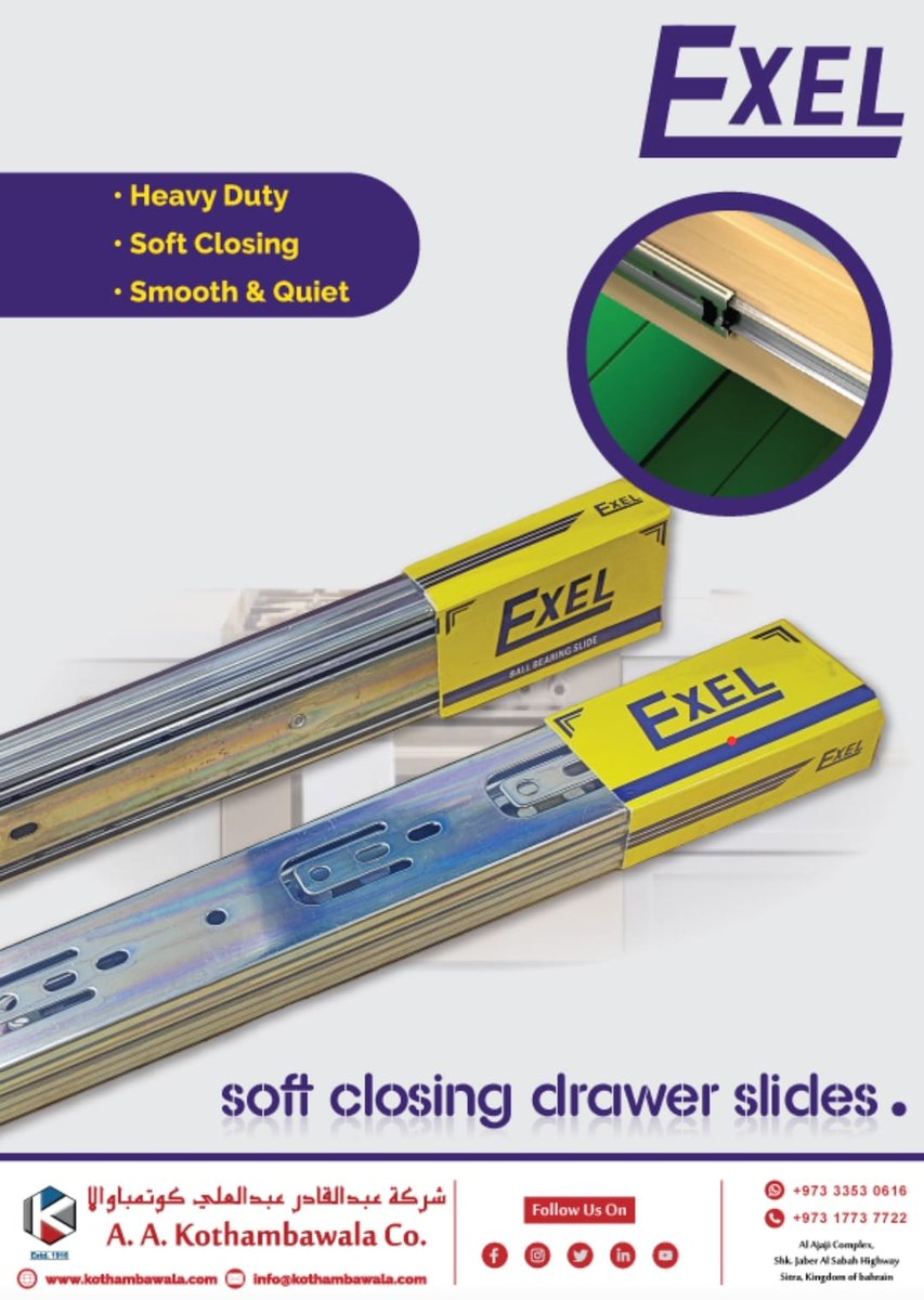 EXEL Soft Closing Drawer Slides

Available with A.A. Kothambawala Co.

#exel #drawer #slides #heavyduty #softclosing #smooth #quiet #hardware #products #sitra #bahrain #available #bahrainmarket #constructionindustry #projects #contactus