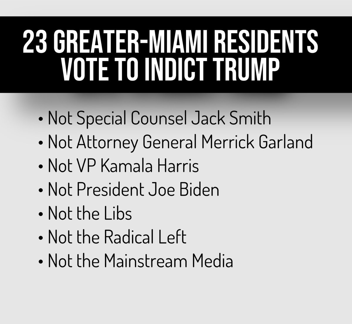 @ACTforAmerica #PresidentBiden didn't indict #TraitorTrump.
A Miami Grand Jury did it.  Regular Americans who recognized a crime when they saw it.
#TrumpIndicted #TrumpIndictment #TrumpArraignment #trumparrest #TrumpIsACriminal #TrumpIsGuilty #TrumpIsDone 
#LockHimUp