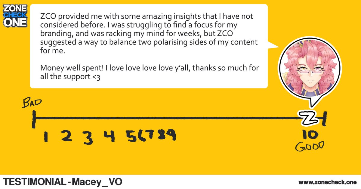 ZoneCheckOne's tweet photo. 🟡 Hear from our clients! 🟡

@macey_vo commissioned our consultation service prior to debut, and here's what he thinks:

#ZoneCheckOne #Vtuber https://t.co/9Pot7qJxGm