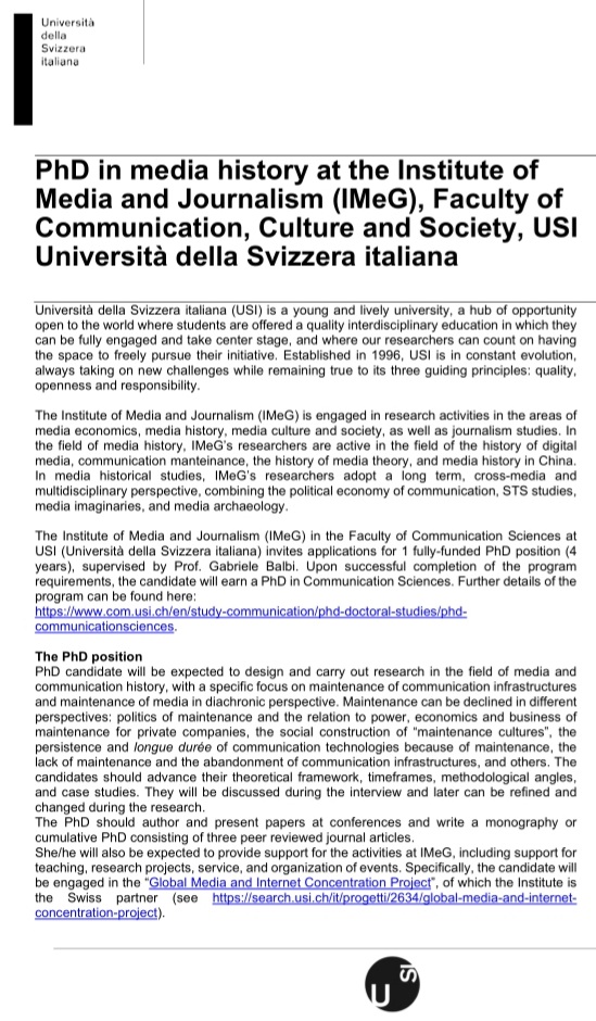 gabriele_balbi's tweet photo. ⏳⏳⏳ we are hiring ⏳⏳⏳

1 full founded PhD position in #mediahistory with a focus on #maintenance at @usi_imeg @USI_university.

(Extended) Deadline: 26 June 2023

For more info feel free to ask me https://t.co/2Cb4bI5ZwB