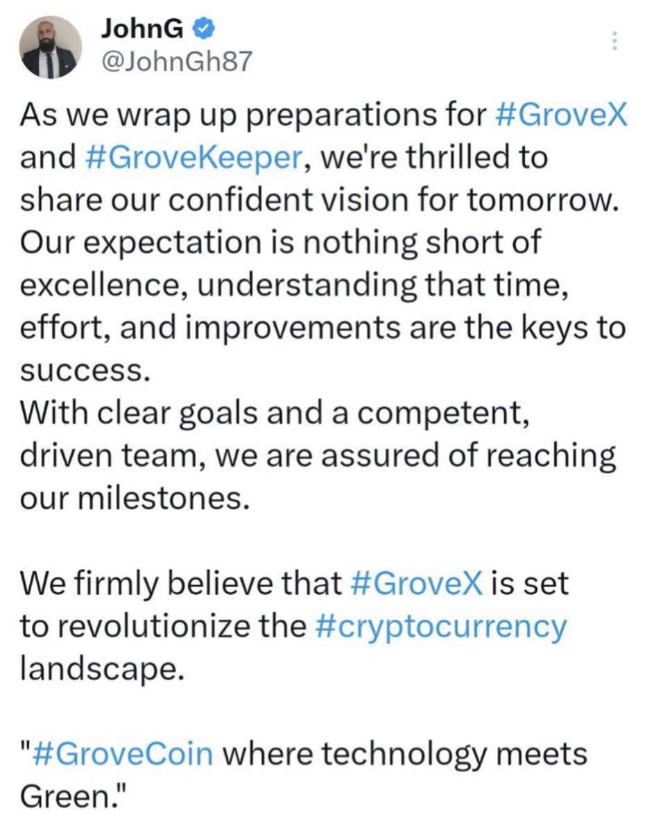 #GroveCoin is a promising project and a team that works hard and diligently 24 hours a day to provide the best environment in the world of encryption said by @johnGh87 failure is not an option it is winning or learning 
#Binance  #BTC #ETH @Amooor1st @justbeingmendy @Rawoof_LJ