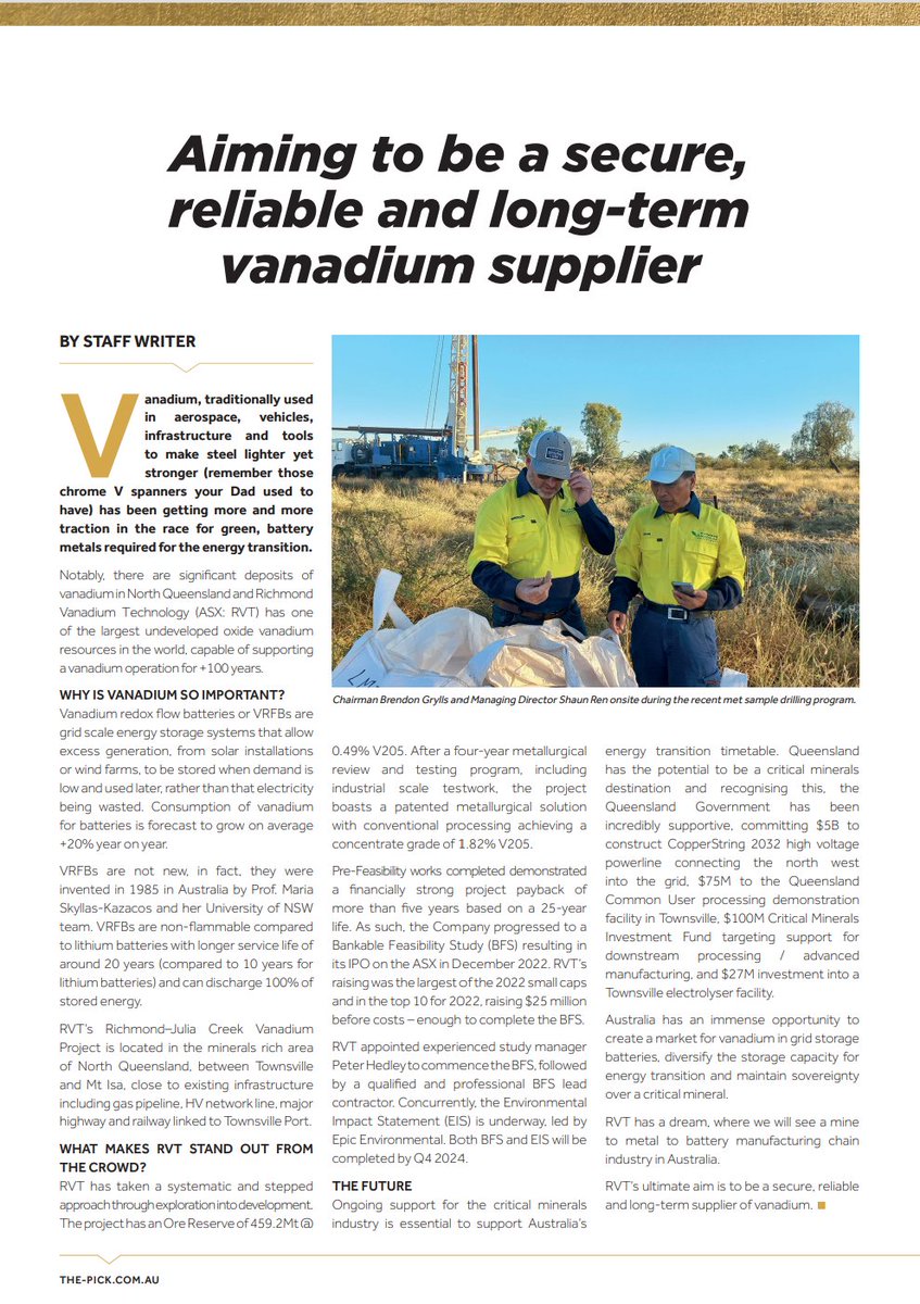 Media Coverage I @thepickmagazine 

Australia has an immense opportunity to create a market for #vanadium in grid storage batteries, diversify the storage capacity for energy transition and maintain sovereignty over a critical mineral.

$RVT #VRFB