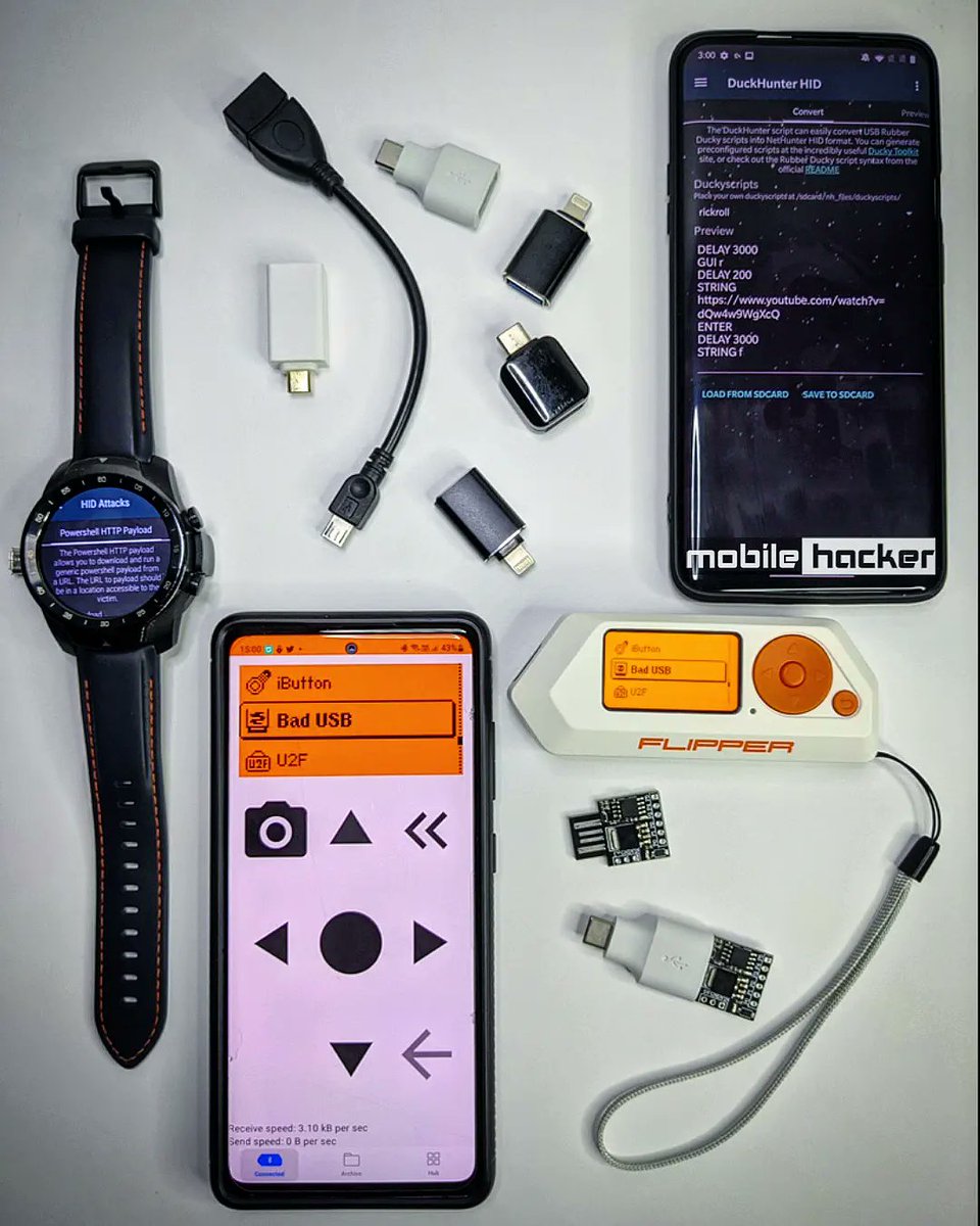 Some of BadUSB Arsenal
All devices can behave as HID aka BadUSB - NetHunter running on OnePlus7 and TicWatch Pro, Digispart Attiny85 board, Flipper Zero remotely controlled by an Android app