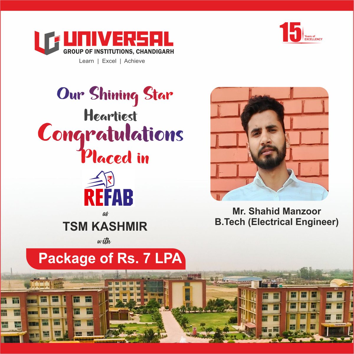 UGICollege's tweet image. Congratulations to Mr. Shahid Manzoor on his placement at Refab Pvt Ltd as TSM Kashmir.! It&apos;s fantastic news that he has secured a position in such a renowned organization with a package of Rs. 7 LPA.

#placement #placement2023 #ugi #scholarshipprogram #college #admissions2023