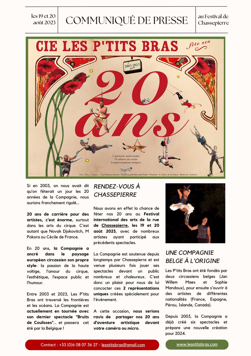 Rendez-vous dans 2 mois à <a href="/chassepierre/">Chassepierre</a> pour fêter ensemble les 20 ans de notre Compagnie !

<a href="/XavierFlament3/">Xavier Flament</a> <a href="/juliettegoudot/">juliette goudot</a> <a href="/MarieFrankinet/">Marie Frankinet</a> <a href="/jecolin/">jerome colin</a> <a href="/EricRusson/">Russon</a> @escouflaire <a href="/francoisebare/">francoise bare</a> <a href="/marinalaurent3/">Marina Laurent</a> <a href="/IsaPlumhans/">Isabelle Plumhans</a> @Joul_M <a href="/laurencebertels/">laurence bertels</a> <a href="/jmwynants/">jean-marie wynants</a> <a href="/AdrienJoveneau/">Adrien Joveneau</a> #culture