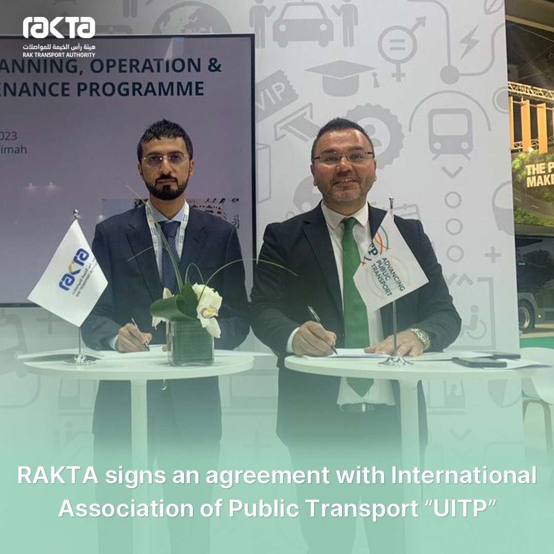 وقعت هيئة رأس الخيمة للمواصلات وعلى هامش القمة العالمية للاتحاد العالمي للمواصلات العامة "UITP" اتفاقية شراكة لاستضافة ورشة عمل تحت عنوان "بناء القدرات على تخطيط وتشغيل وصيانة مركبات الأجرة". والتي تستهدف مشاركة عدد من المختصين في مجال النقل والمواصلات.
حيث وقع الاتفاقية عن هيئة