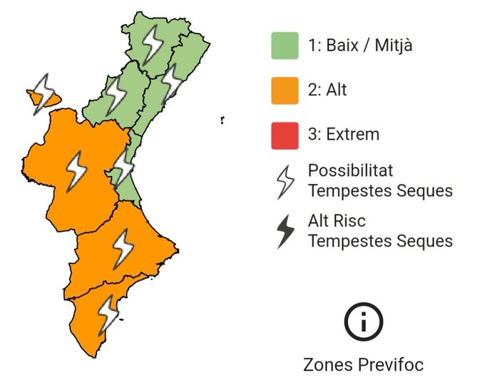 🔥El nivell de preemergència per risc d'incendis forestals hui 19/06 és:

🟠Alt a l'interior i sud de València i en la província d'Alacant.
🟢A la resta de la Comunitat Valenciana el risc és baix-mitjà.

#StopAlFoc