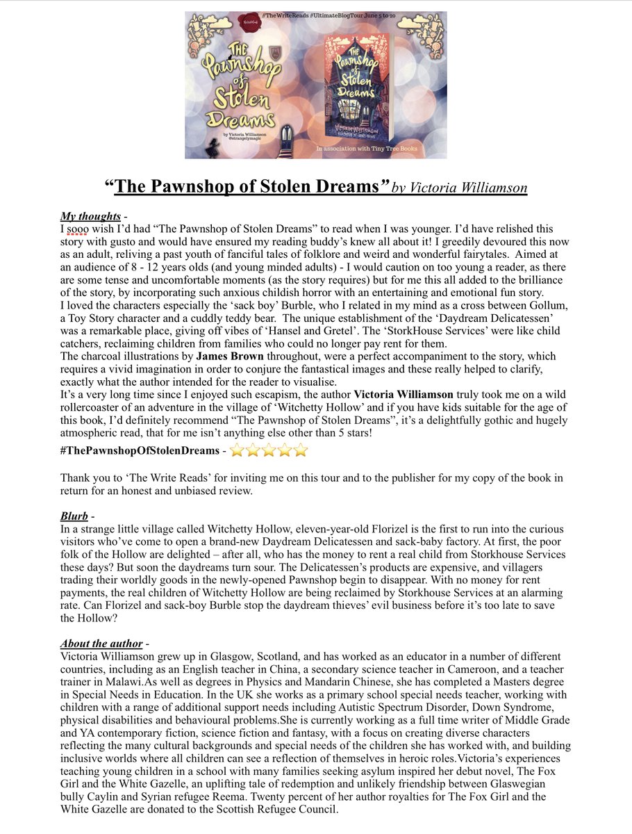 MiriamLSmith3's tweet image. 🍭I’m joining the #UltimateBlogTour today for Victoria Williamson‘s #ThePawnshopOfStolenDreams for #TheWriteReads @WriteReadsTours Beautifully illustrated by artist #JamesBrown

#AMothersMusingsSunderland #WitchettyHollow #StorkhouseServices #AMakemMothersMusings @strangelymagic