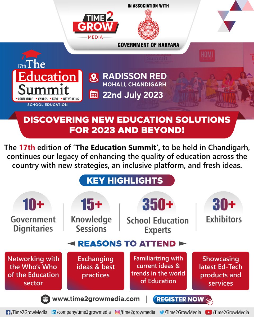 𝗞𝗲𝘆 𝗿𝗲𝗮𝘀𝗼𝗻𝘀 why you wouldn't want to miss the 𝟭𝟳𝘁𝗵 𝗲𝗱𝗶𝘁𝗶𝗼𝗻 of #TheEducationSummit, to be held in #Chandigarh 👇

#Time2GrowMedia #TESChandigarh <a href="/cmohry/">CMO Haryana</a> <a href="/chkanwarpal/">Ch. Kanwar Pal</a> <a href="/HPSBRAR/">Harsuhinder Brar</a>