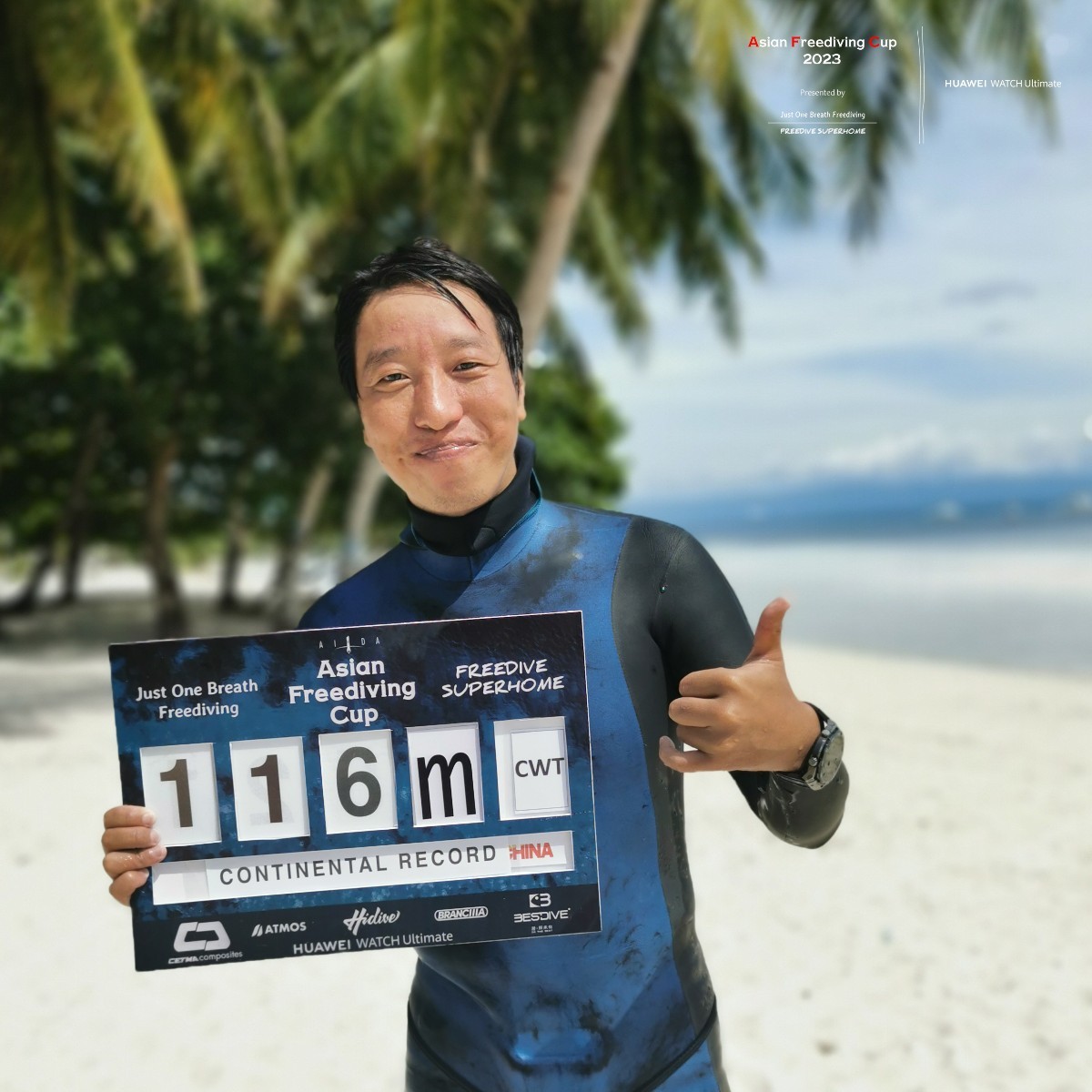 With a dive of CWT 116m and FIM 109m, Wang Jin (Sendoh) broke two continental records at the Asian Freediving Cup 2023, wearing #HUAWEIWATCHUltimate and ranking 1st in overall scoring! Congrats Sendoh! 

#freediving