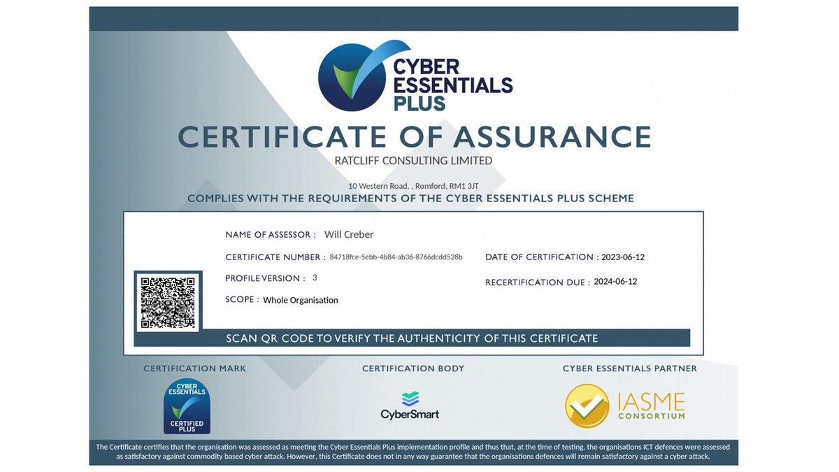 RatcliffIT's tweet photo. Ratcliff IT is proud that, for the 5th consecutive year, we have renewed our Cyber Essentials and Cyber Essentials Plus certifications.  This represents the highest level of accreditation offered under the government's Cyber Essentials scheme. https://t.co/gwJuBqD7Yk