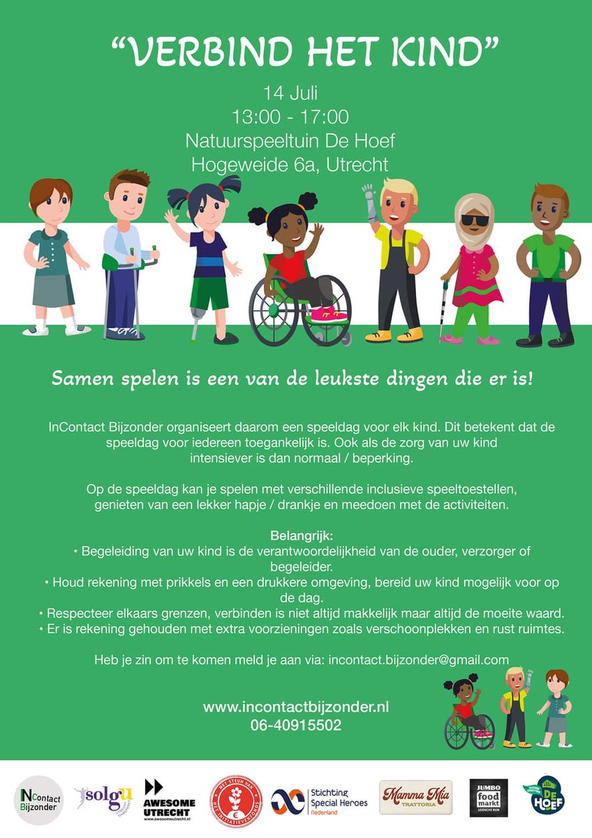 Samen spelen is het leukste! Voor iedereen, kinderen met en zonder beperking heeft InContact Bijzonder op 14 juli een speelmiddag georganiseerd. Wees welkom! Meld je aan via incontact.bijzonder@gmail.com tot dan!! #spelen #beperking #samenspelen #Utrecht #inclusie #geenvriendjes