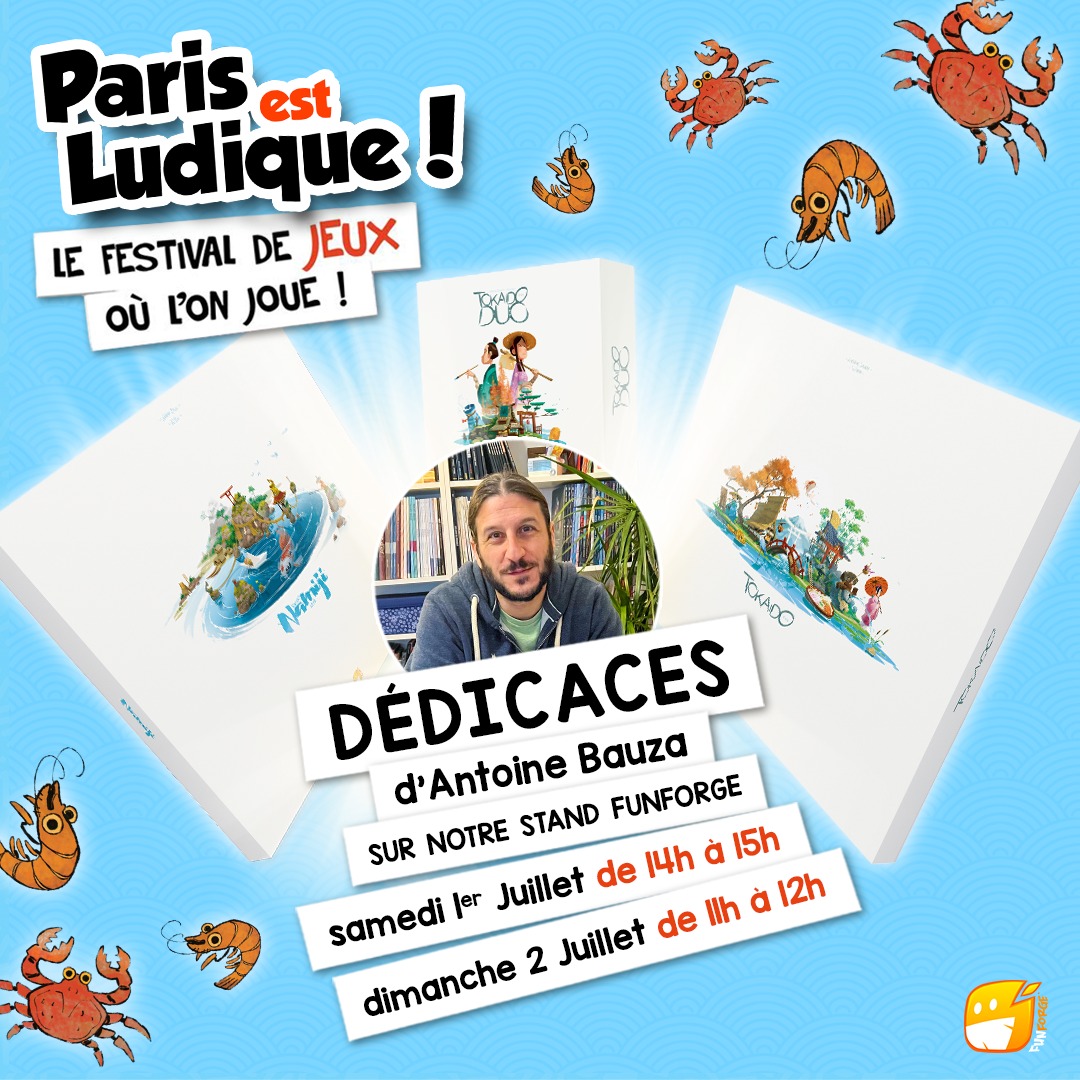 Tokaido_App's tweet photo. Dédicaces Antoine Bauza au festival @ParisestLudique ⛱
👩👧👦👱👩‍🦳👩‍🦰👨‍🦳

RDV sur le stand @Funforge aux horaires indiqués avec votre boîte de NAMIJI, TOKAIDO, TOKAIDO DELUXE ou TOKAIDO DUO

Sans prise de RDV

#funforge #pel #pel2023 #pel23 #jds #j2s #jeudesociete #jeuxdesociete https://t.co/zYsWRjGJ6d