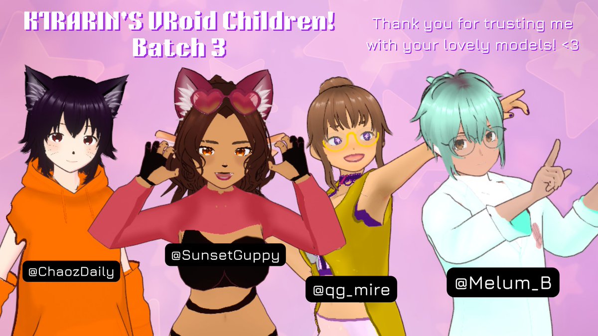 Batch 3 is finally done! Thank you so much to @ChaozDaily, @qg_mire, @SunsetGuppy, and @Melum_B for being part of my portfolio <3

After the last two models + some final polish w/ ToS, I'll be able to open c0mmissions!

#Vtuber #Vroid #3DModel