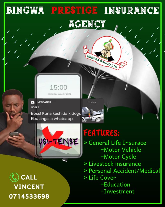 Do not leave anything to chance. Pray and take cover with Bingwa Prestige Insurance Agency.
#insurance
#bestcustomerexperience